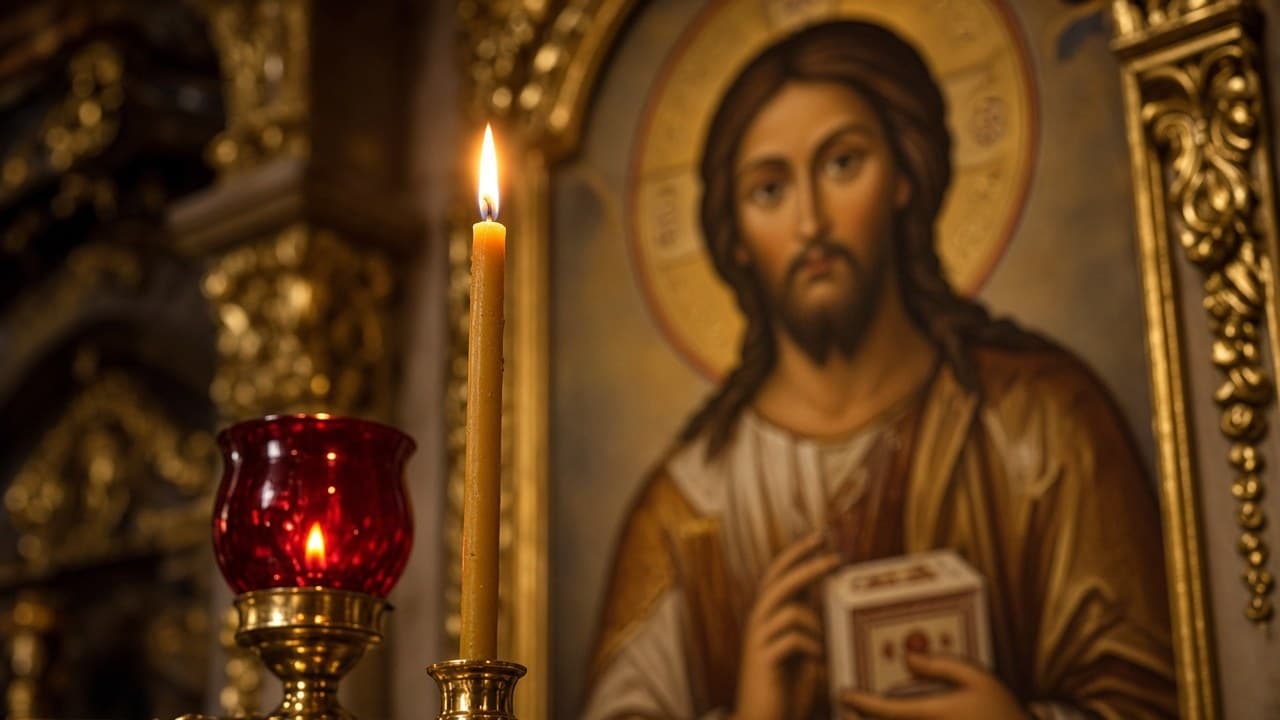 Свеча и лампада перед иконой Спасителя