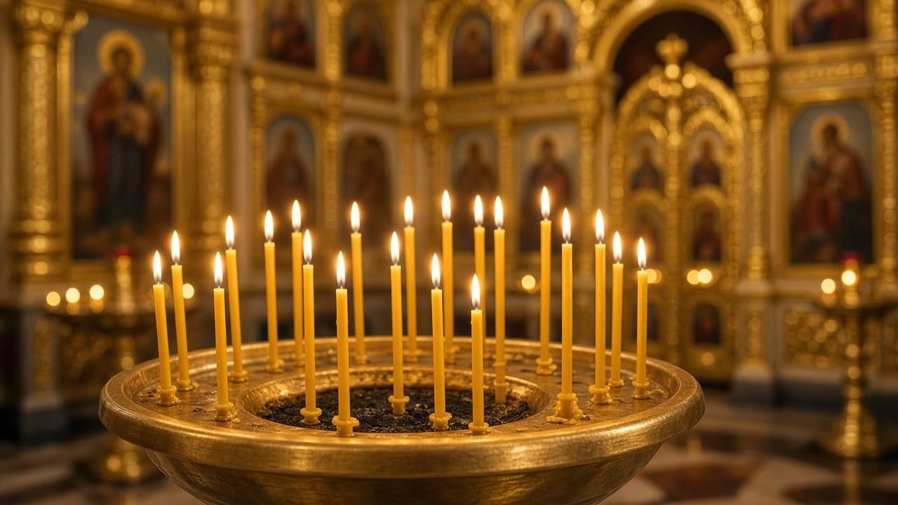 Восковые свечи на церковном подсвечнике перед иконостасом
