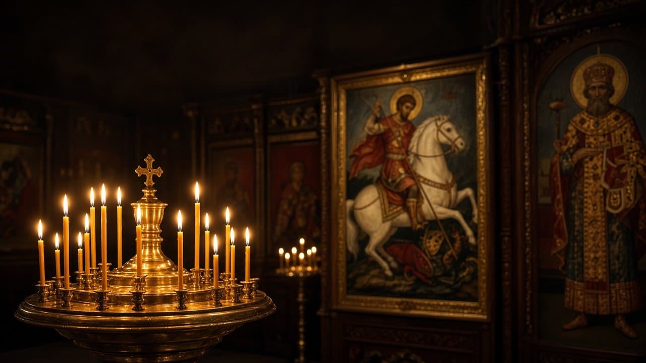 Свечи перед иконами великомученика Георгия Победоносца и благоверного князя Александра Невского