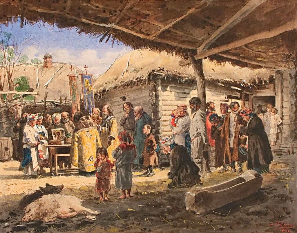 Владимир Маковский, «Молебен на крестьянском дворе в Малороссии», 1886